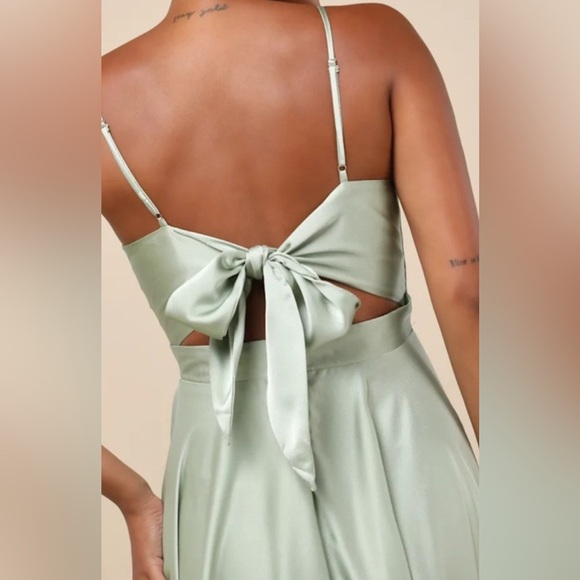 Lulus Days Like Today Sage Green Satin Asymmetrical Tie-Back Midi Dress, Large - Picture 4 of 9